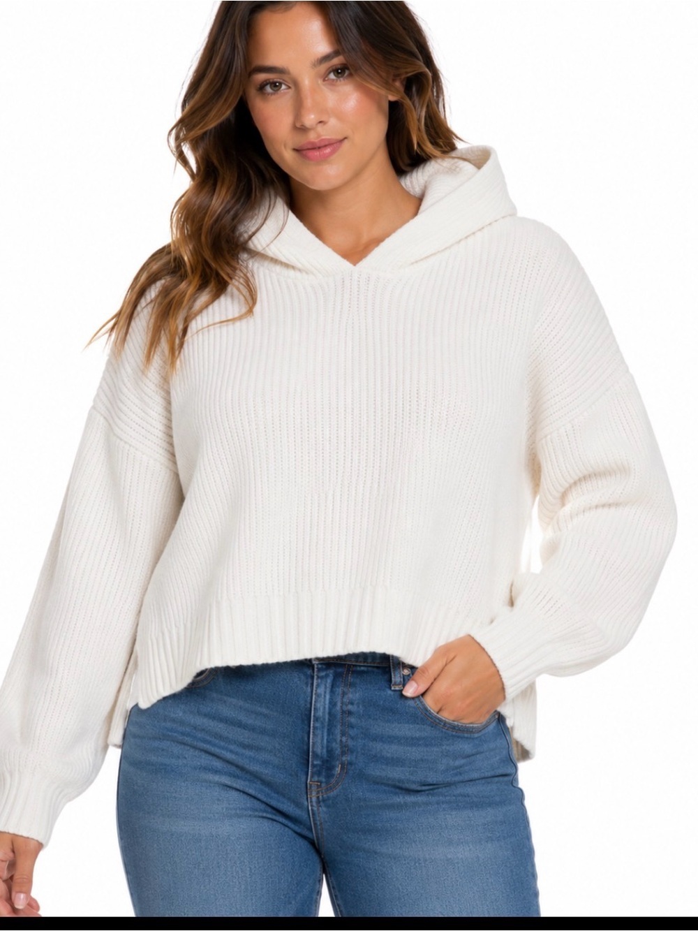 MissGuided cream/vanilla colored chunky over sized hooded sweater SZ 6/8 crop